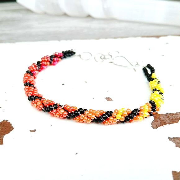 Adjustable Gradient Beaded Bracelet, Seed Bead Jewelry, Red Orange Yellow Black - Picture 4 of 12